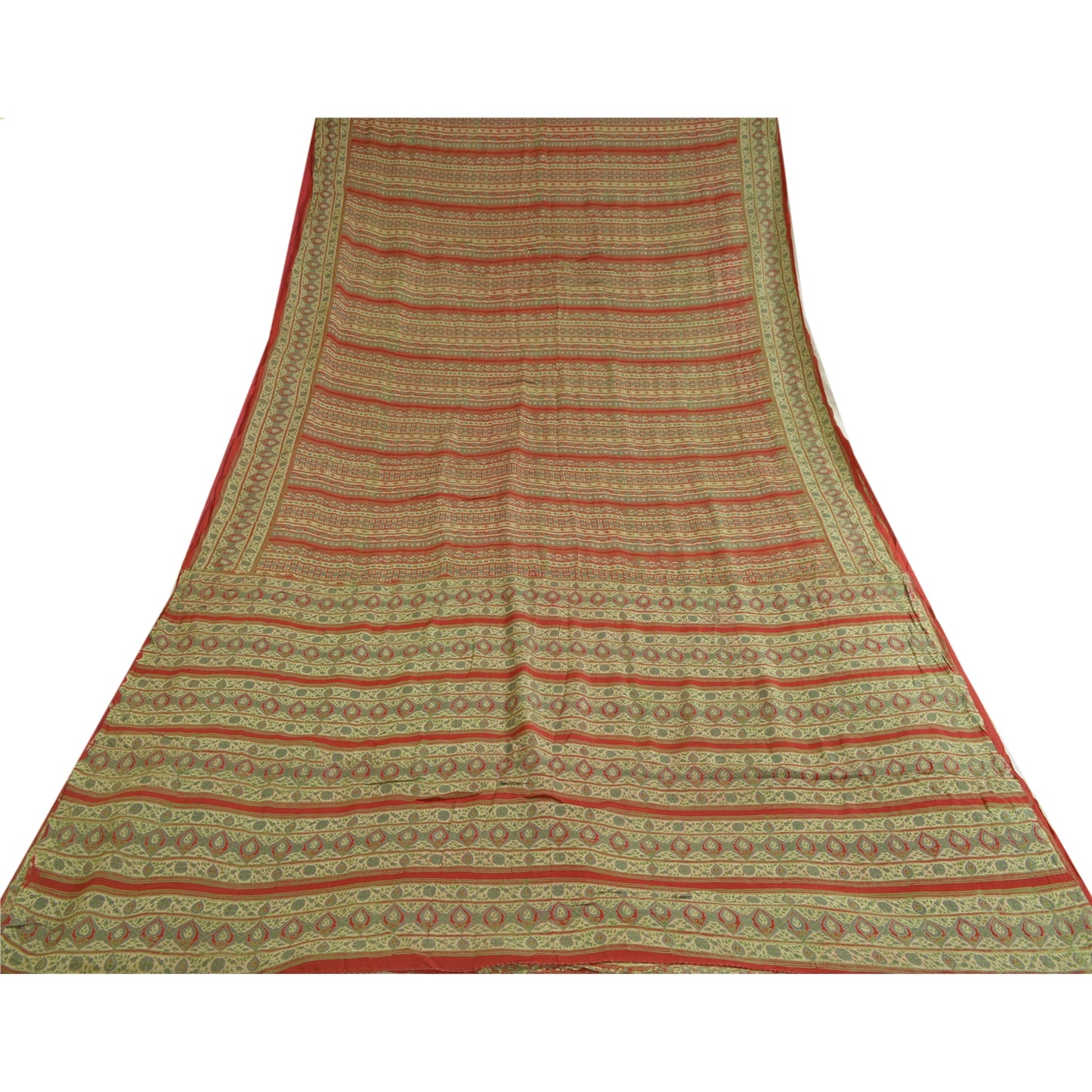 Sanskriti Vintage Sarees Indian Green/Red Pure Silk Printed Sari Craft Sustainable Fabric