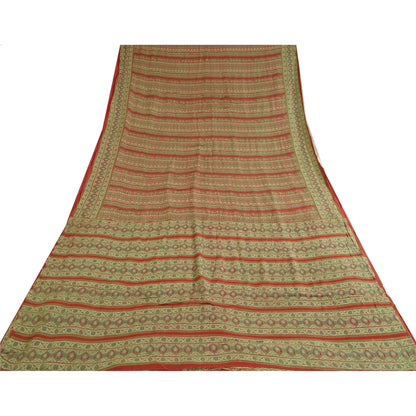 Sanskriti Vintage Sarees Indian Green/Red Pure Silk Printed Sari Craft Sustainable Fabric