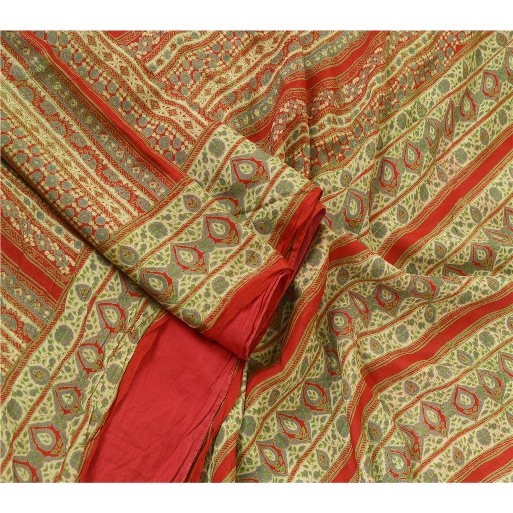 Sanskriti Vintage Sarees Indian Green/Red Pure Silk Printed Sari Craft Sustainable Fabric