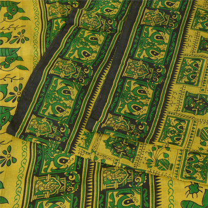 Sanskriti Vintage Sarees Indian Yellow/Green Pure Silk Printed Sari Craft Sustainable Fabric