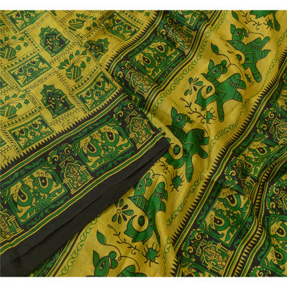 Sanskriti Vintage Sarees Indian Yellow/Green Pure Silk Printed Sari Craft Sustainable Fabric