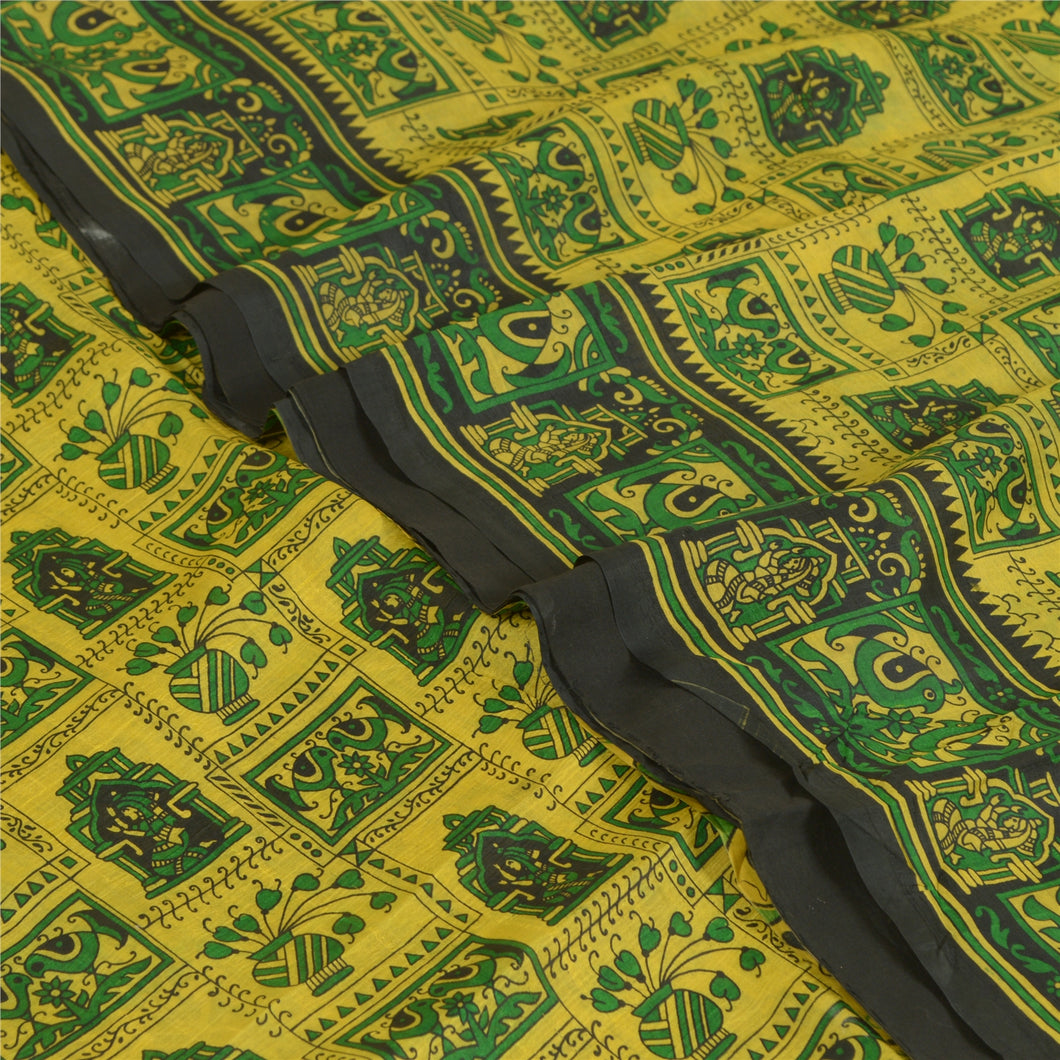Sanskriti Vintage Sarees Indian Yellow/Green Pure Silk Printed Sari Craft Fabric