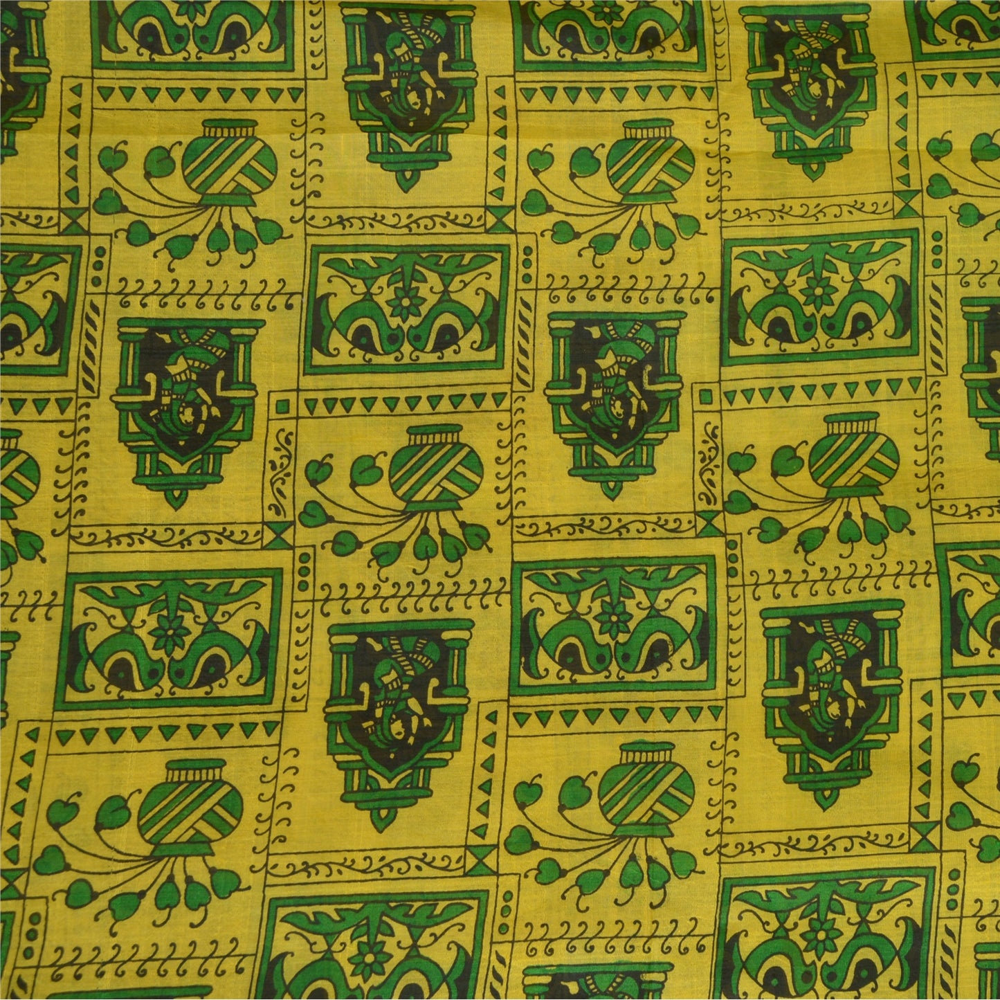 Sanskriti Vintage Sarees Indian Yellow/Green Pure Silk Printed Sari Craft Sustainable Fabric