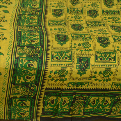 Sanskriti Vintage Sarees Indian Yellow/Green Pure Silk Printed Sari Craft Sustainable Fabric