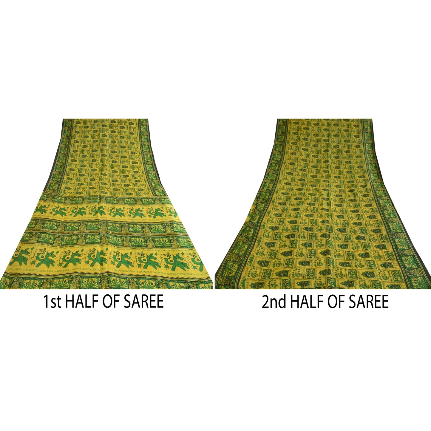 Sanskriti Vintage Sarees Indian Yellow/Green Pure Silk Printed Sari Craft Sustainable Fabric