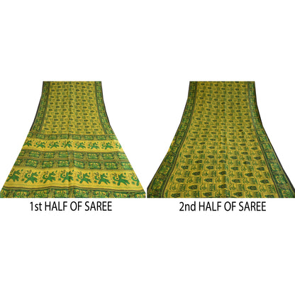 Sanskriti Vintage Sarees Indian Yellow/Green Pure Silk Printed Sari Craft Sustainable Fabric