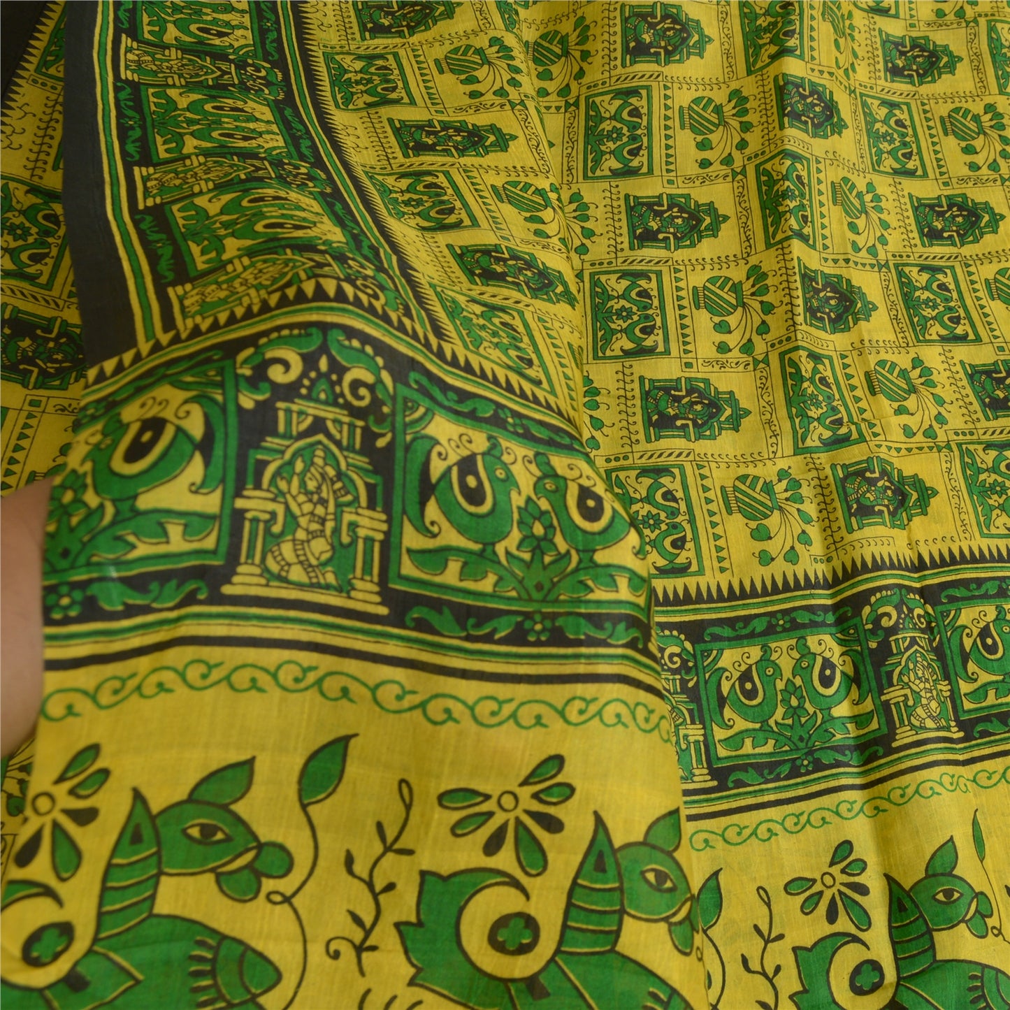 Sanskriti Vintage Sarees Indian Yellow/Green Pure Silk Printed Sari Craft Sustainable Fabric