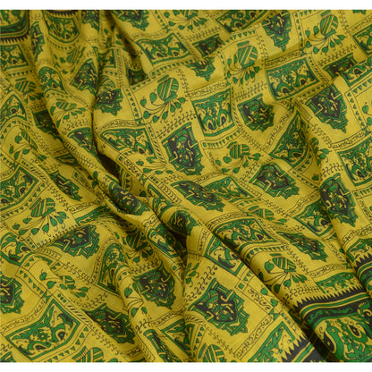 Sanskriti Vintage Sarees Indian Yellow/Green Pure Silk Printed Sari Craft Sustainable Fabric
