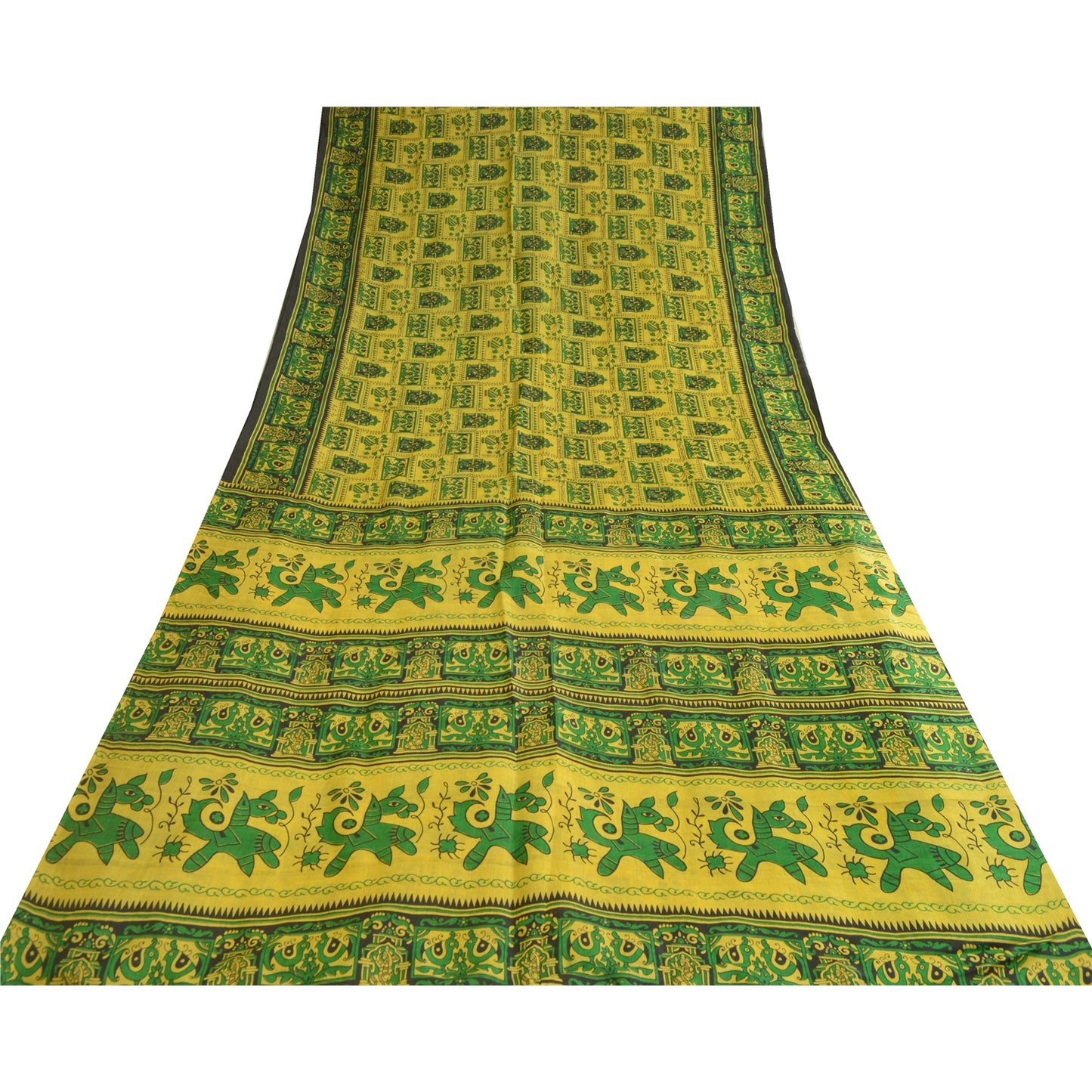 Sanskriti Vintage Sarees Indian Yellow/Green Pure Silk Printed Sari Craft Sustainable Fabric