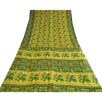 Sanskriti Vintage Sarees Indian Yellow/Green Pure Silk Printed Sari Craft Sustainable Fabric