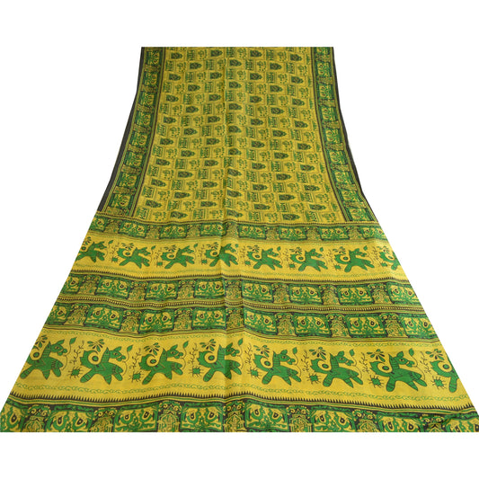 Sanskriti Vintage Sarees Indian Yellow/Green Pure Silk Printed Sari Craft Sustainable Fabric