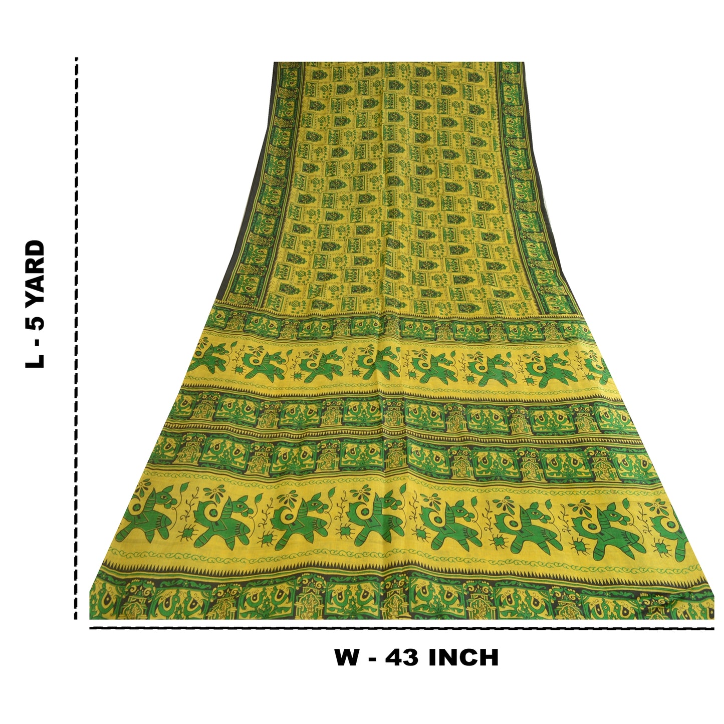 Sanskriti Vintage Sarees Indian Yellow/Green Pure Silk Printed Sari Craft Sustainable Fabric