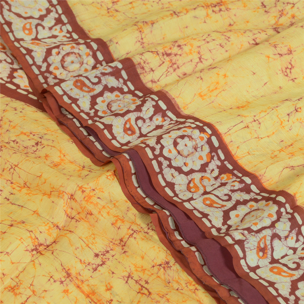 Sanskriti Vintage Sarees Cream/Red Batik Printed Pure Silk Sari 5yd Craft Fabric
