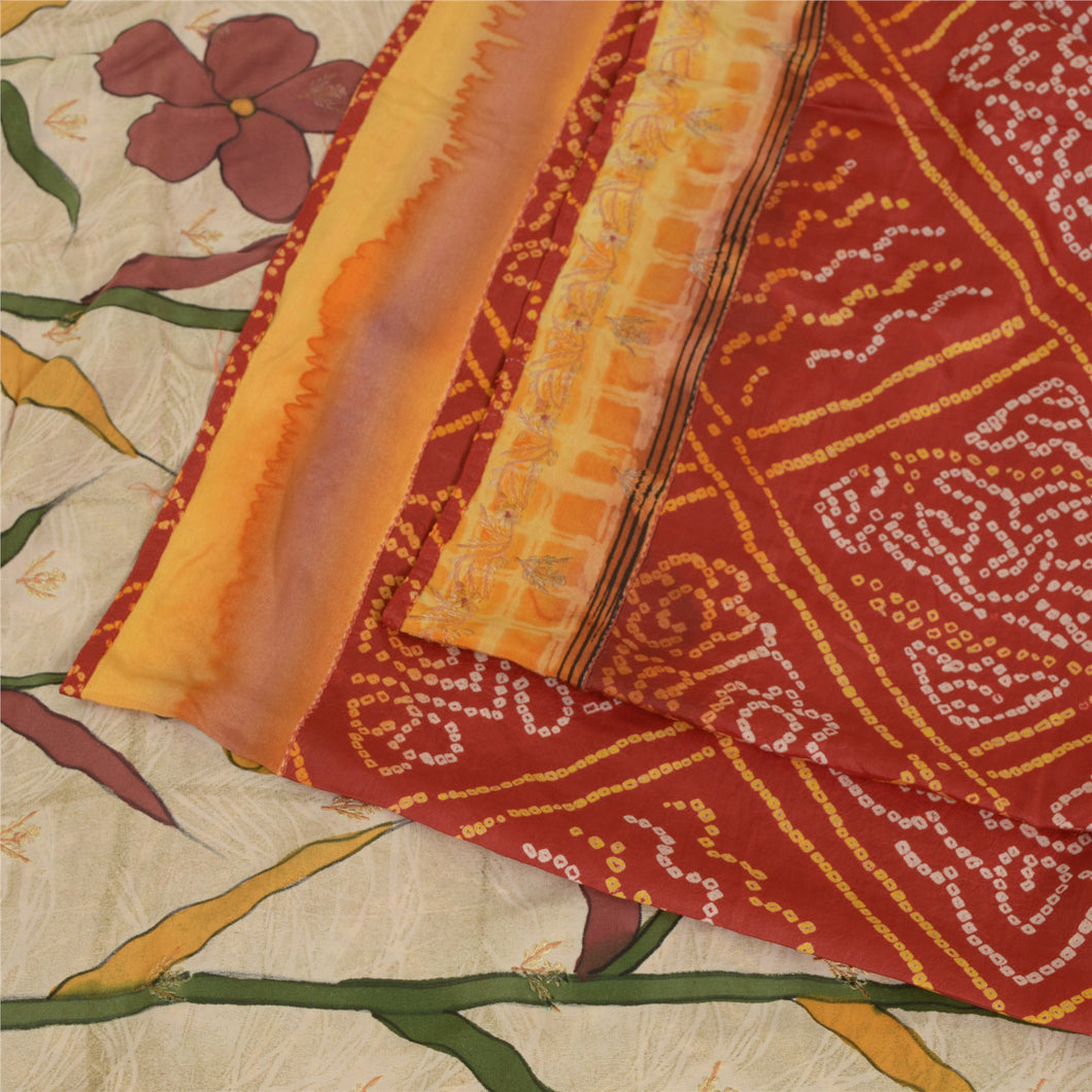 Sanskriti Vintage Sarees Red Bandhani Print Embroidered Pure Silk Sari Fabric