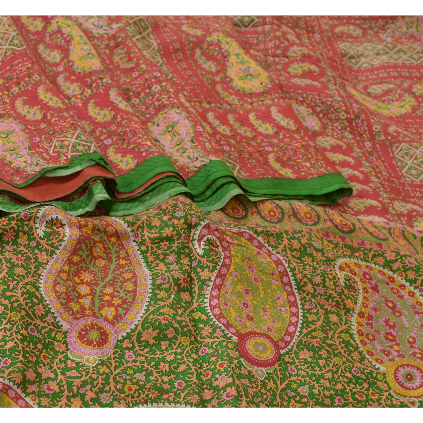 Sanskriti Vintage Sarees From India Red 100% Pure Silk Printed Sari Craft Sustainable Fabric