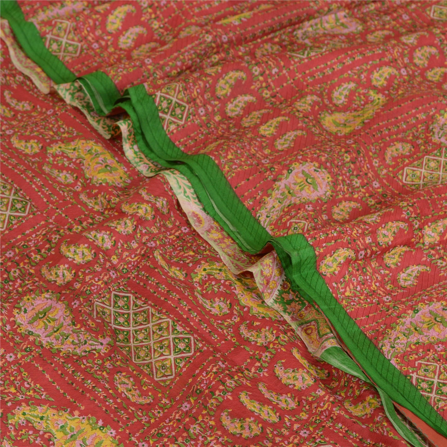 Sanskriti Vintage Sarees From India Red 100% Pure Silk Printed Sari Craft Sustainable Fabric