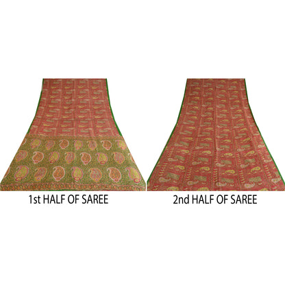 Sanskriti Vintage Sarees From India Red 100% Pure Silk Printed Sari Craft Sustainable Fabric