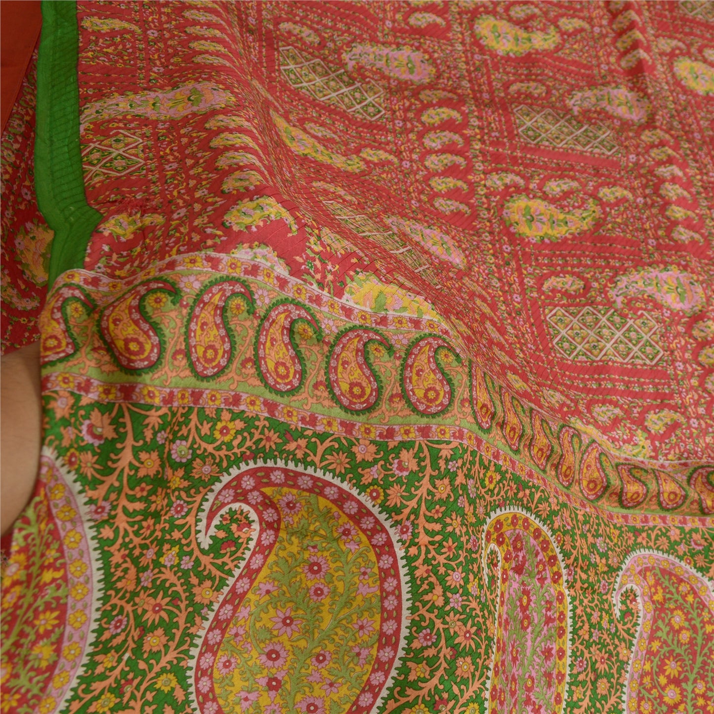 Sanskriti Vintage Sarees From India Red 100% Pure Silk Printed Sari Craft Sustainable Fabric