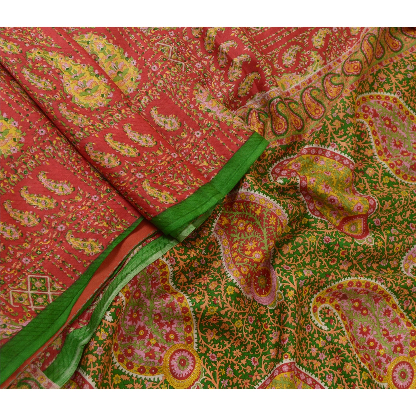 Sanskriti Vintage Sarees From India Red 100% Pure Silk Printed Sari Craft Sustainable Fabric