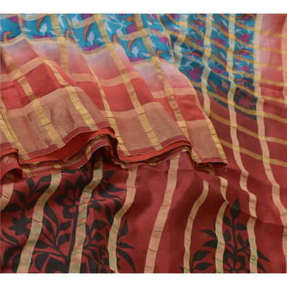 Sanskriti Vintage Sarees Blue/Red Pure Silk Printed Woven Sari Soft Craft Sustainable Fabric