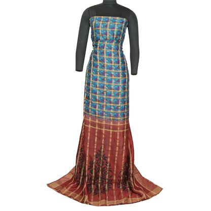Sanskriti Vintage Sarees Blue/Red Pure Silk Printed Woven Sari Soft Craft Sustainable Fabric
