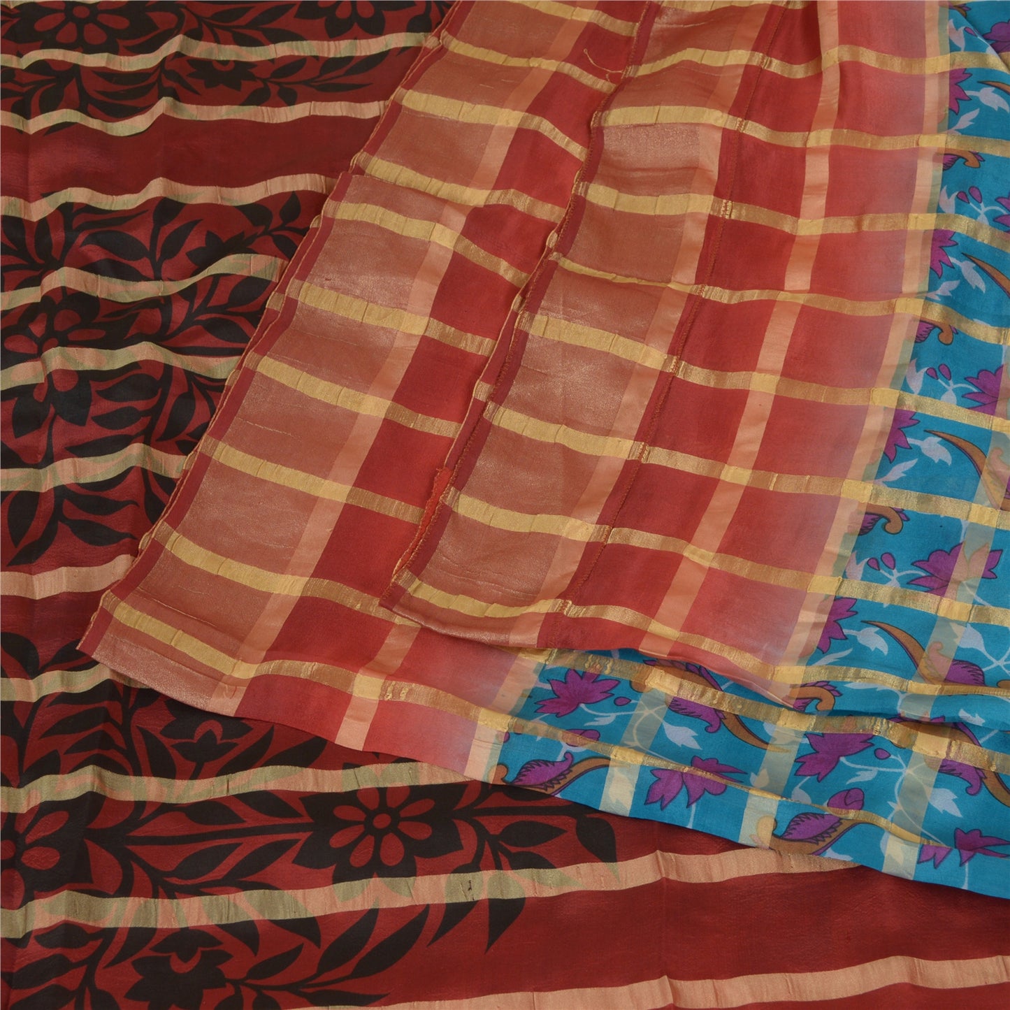 Sanskriti Vintage Sarees Blue/Red Pure Silk Printed Woven Sari Soft Craft Sustainable Fabric