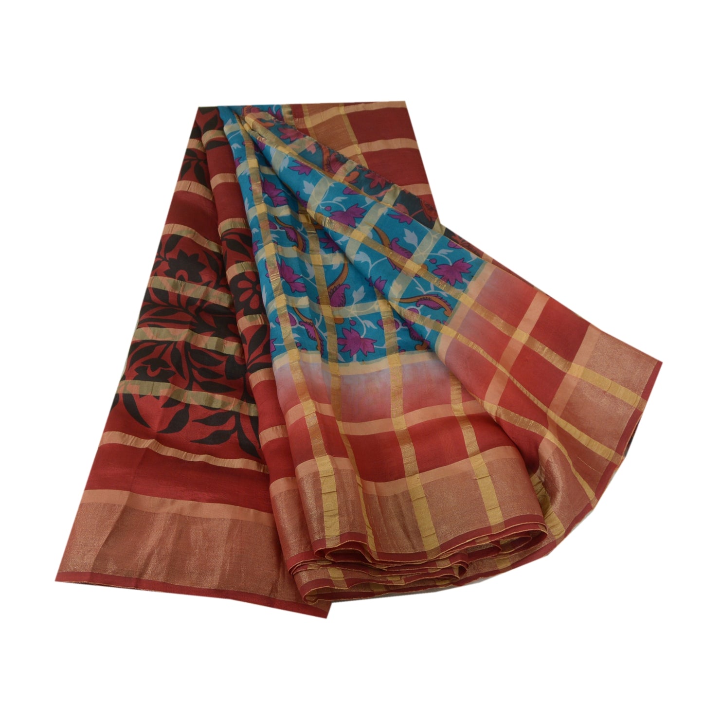 Sanskriti Vintage Sarees Blue/Red Pure Silk Printed Woven Sari Soft Craft Sustainable Fabric