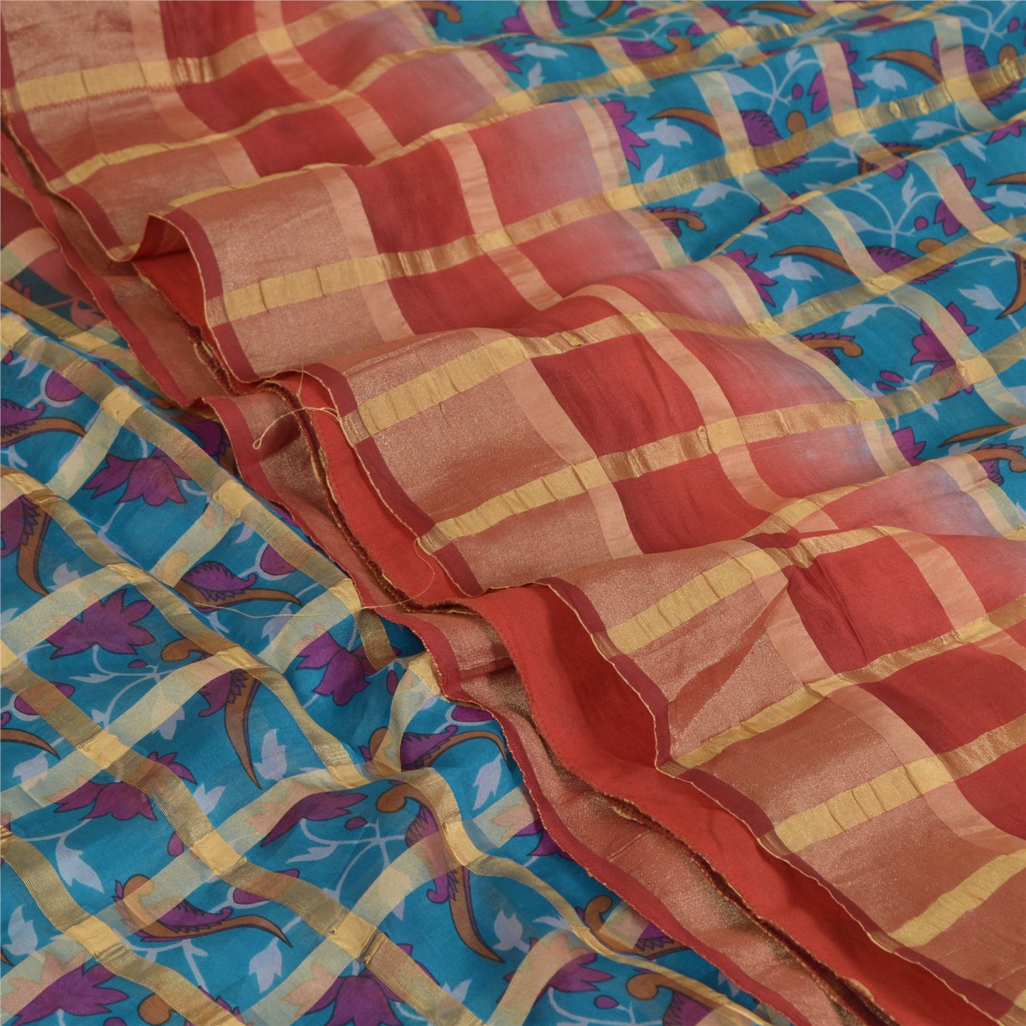 Sanskriti Vintage Sarees Blue/Red Pure Silk Printed Woven Sari Soft Craft Sustainable Fabric