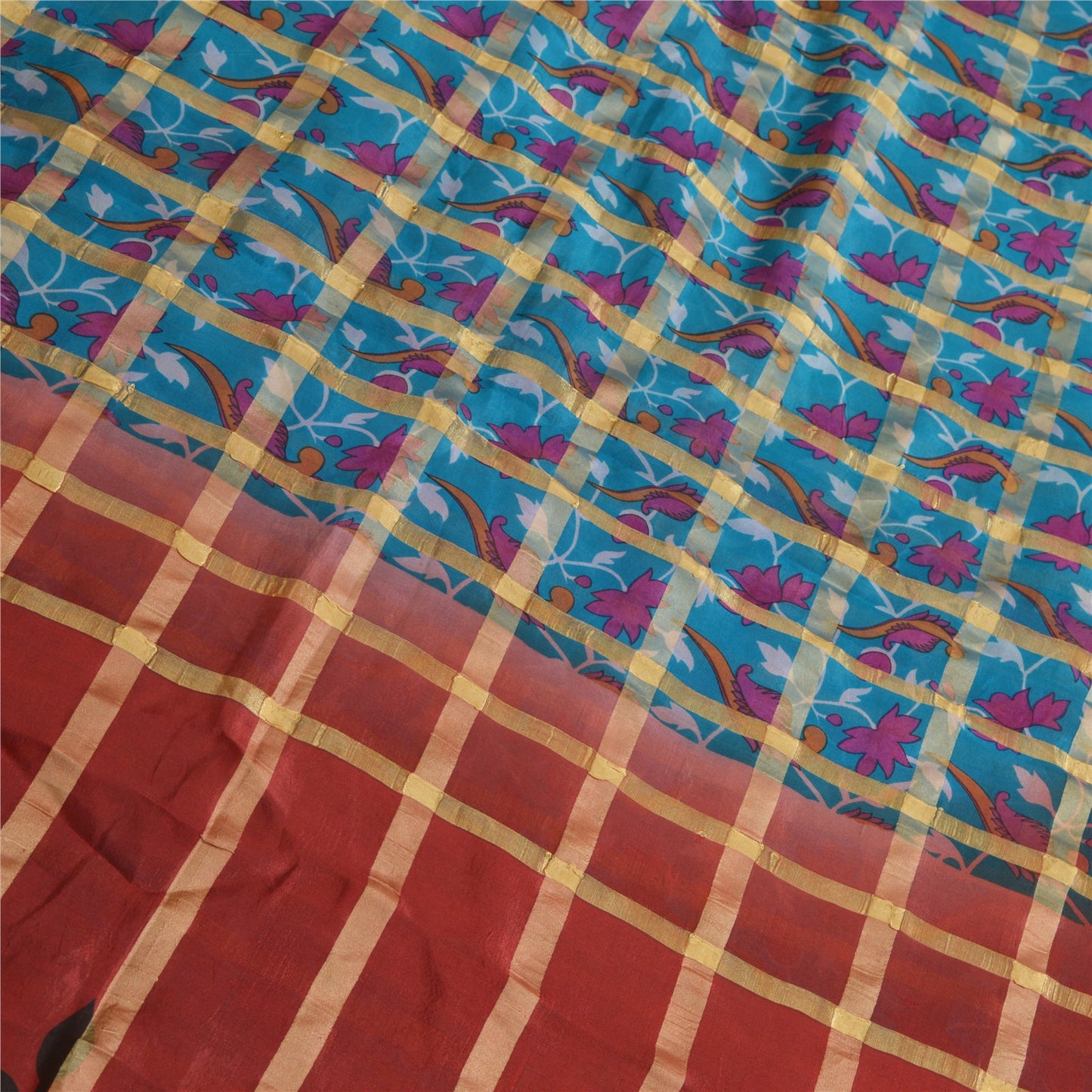 Sanskriti Vintage Sarees Blue/Red Pure Silk Printed Woven Sari Soft Craft Sustainable Fabric