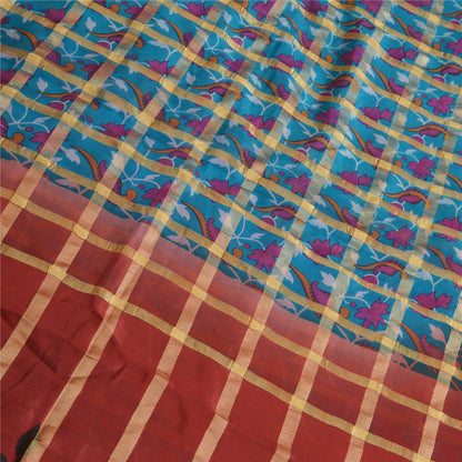 Sanskriti Vintage Sarees Blue/Red Pure Silk Printed Woven Sari Soft Craft Sustainable Fabric