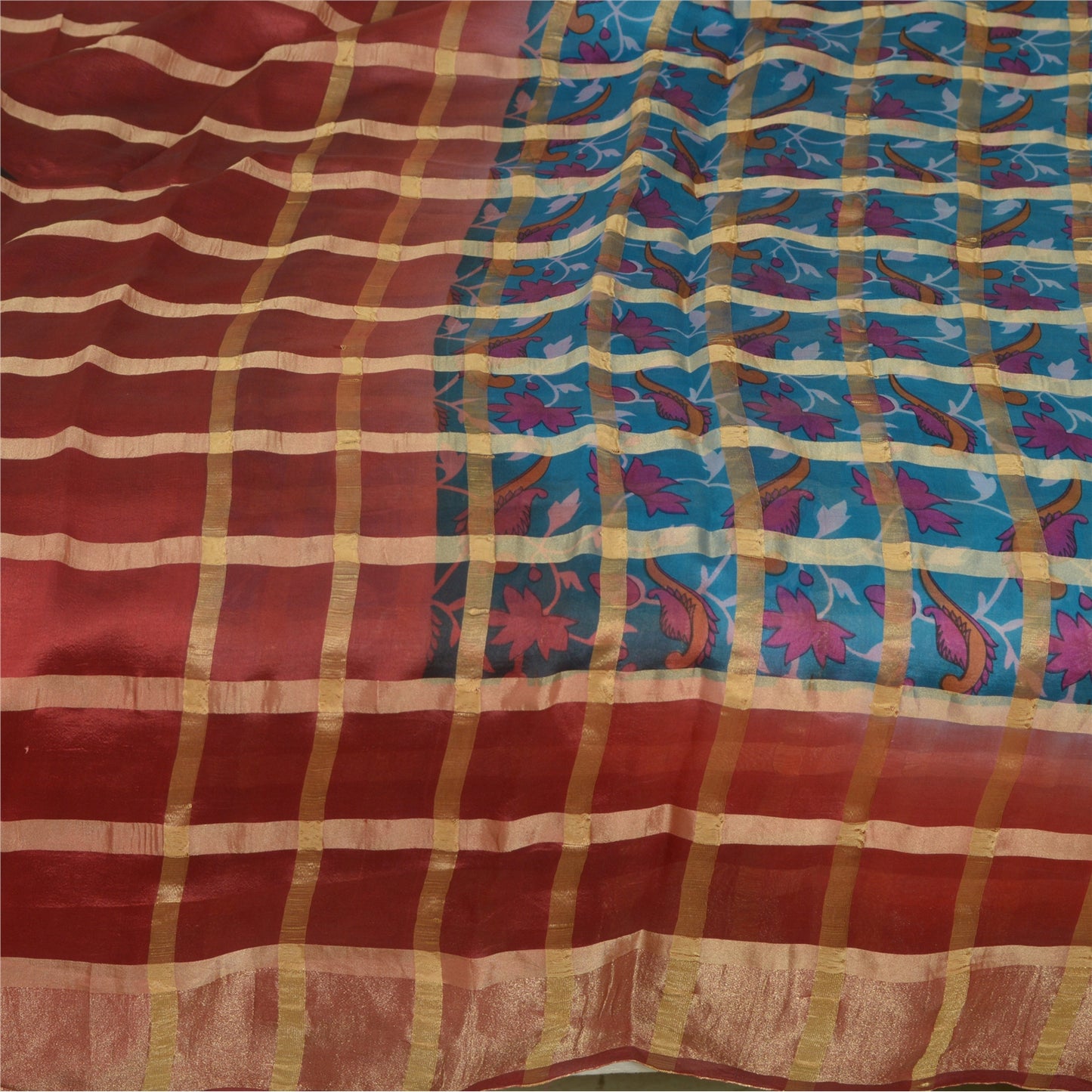 Sanskriti Vintage Sarees Blue/Red Pure Silk Printed Woven Sari Soft Craft Sustainable Fabric