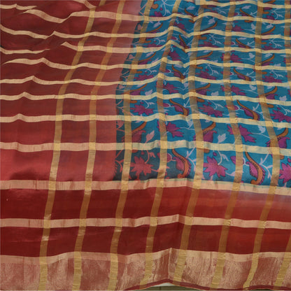 Sanskriti Vintage Sarees Blue/Red Pure Silk Printed Woven Sari Soft Craft Sustainable Fabric