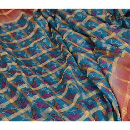 Sanskriti Vintage Sarees Blue/Red Pure Silk Printed Woven Sari Soft Craft Sustainable Fabric