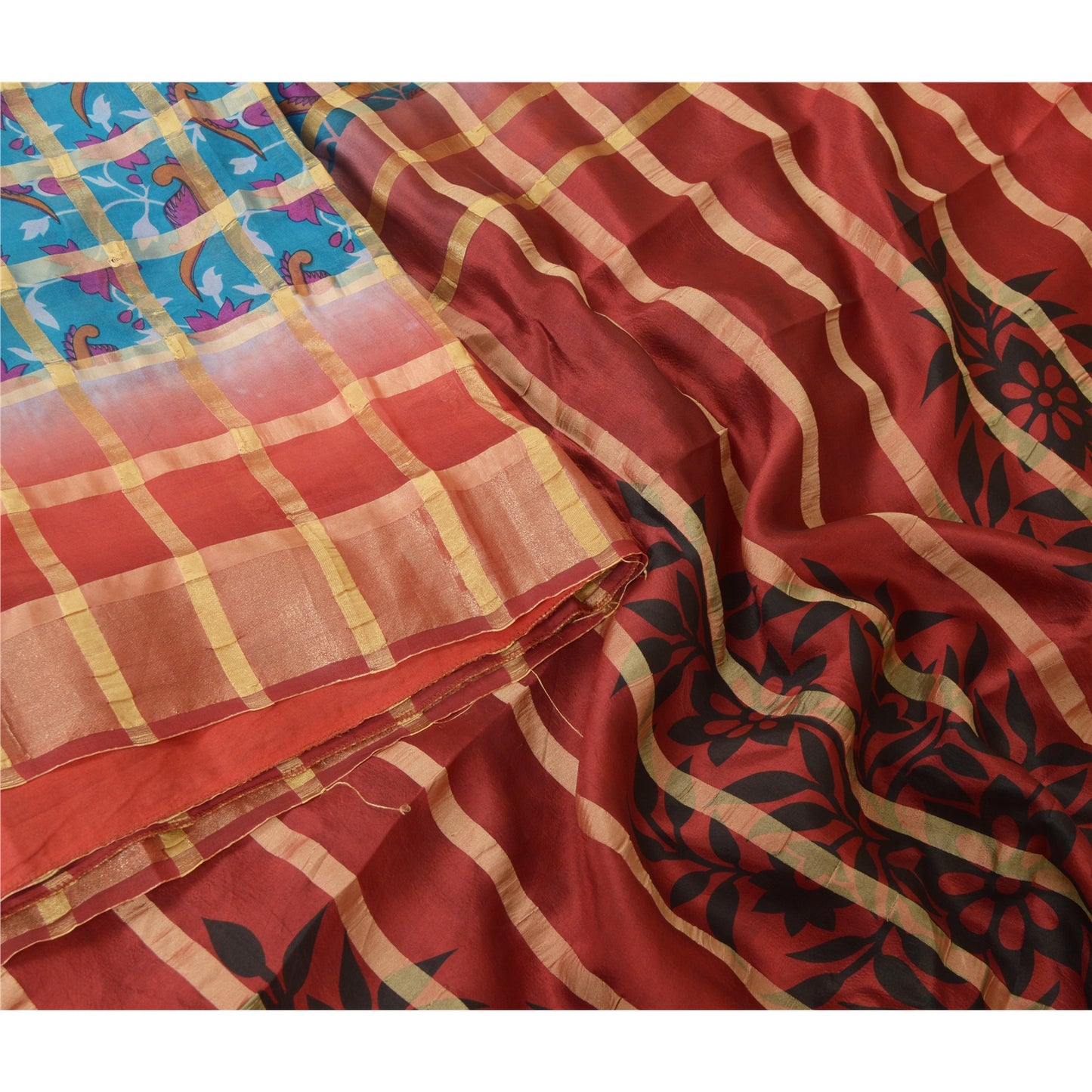 Sanskriti Vintage Sarees Blue/Red Pure Silk Printed Woven Sari Soft Craft Sustainable Fabric