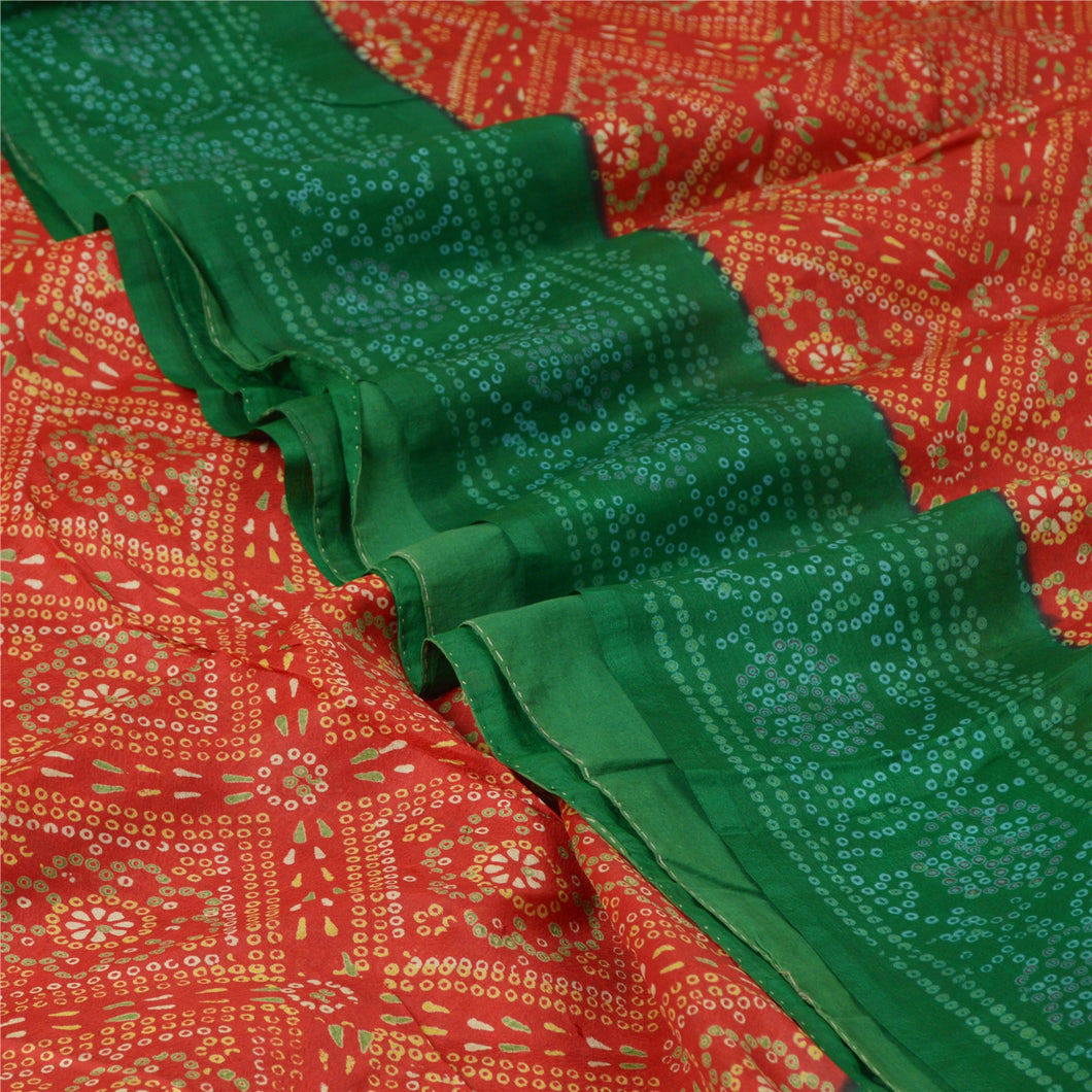 Sanskriti Vintage Sarees Red/Green Bandhani Pure Silk Printed Sari Craft Fabric