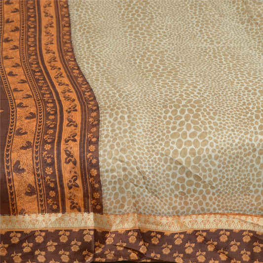 Sanskriti Vintage Sarees From India Ivory Pure Silk Printed Sari Craft Sustainable Fabric