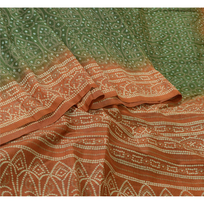 Sanskriti Vintage Sarees Green/Brown Bandhani Print Pure Silk Sari Craft Sustainable Fabric