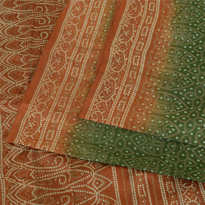 Sanskriti Vintage Sarees Green/Brown Bandhani Print Pure Silk Sari Craft Sustainable Fabric