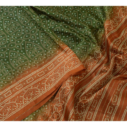Sanskriti Vintage Sarees Green/Brown Bandhani Print Pure Silk Sari Craft Sustainable Fabric