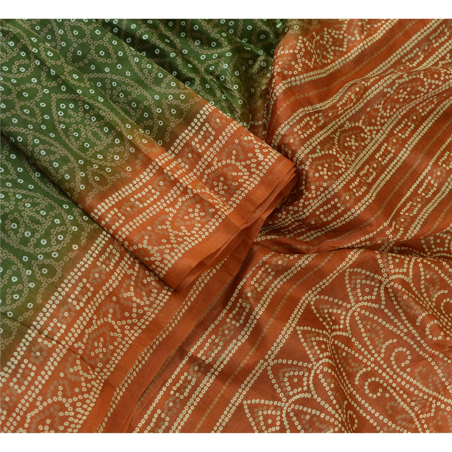 Sanskriti Vintage Sarees Green/Brown Bandhani Print Pure Silk Sari Craft Sustainable Fabric