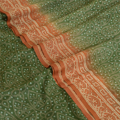 Sanskriti Vintage Sarees Green/Brown Bandhani Print Pure Silk Sari Craft Sustainable Fabric