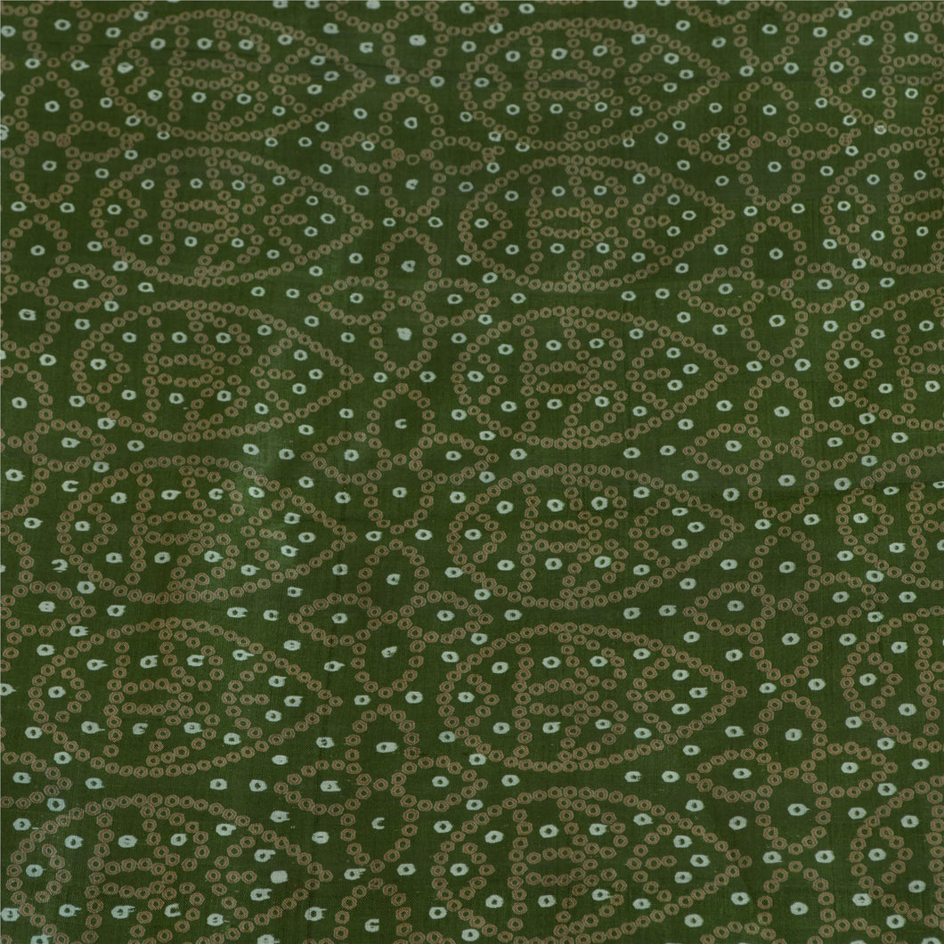 Sanskriti Vintage Sarees Green/Brown Bandhani Print Pure Silk Sari Craft Fabric