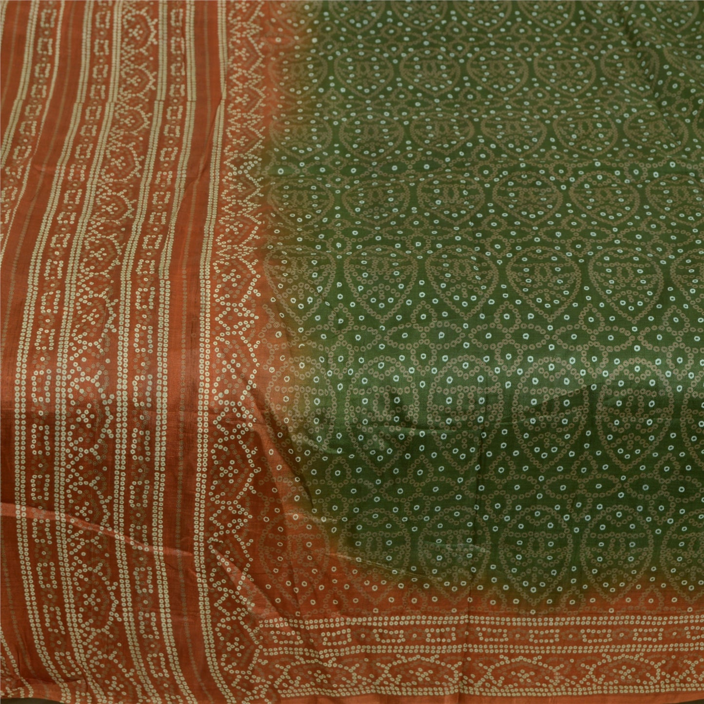 Sanskriti Vintage Sarees Green/Brown Bandhani Print Pure Silk Sari Craft Sustainable Fabric