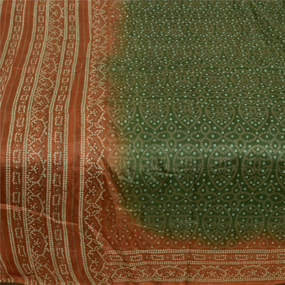 Sanskriti Vintage Sarees Green/Brown Bandhani Print Pure Silk Sari Craft Sustainable Fabric