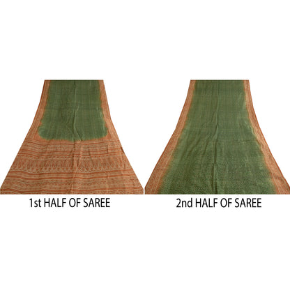 Sanskriti Vintage Sarees Green/Brown Bandhani Print Pure Silk Sari Craft Sustainable Fabric