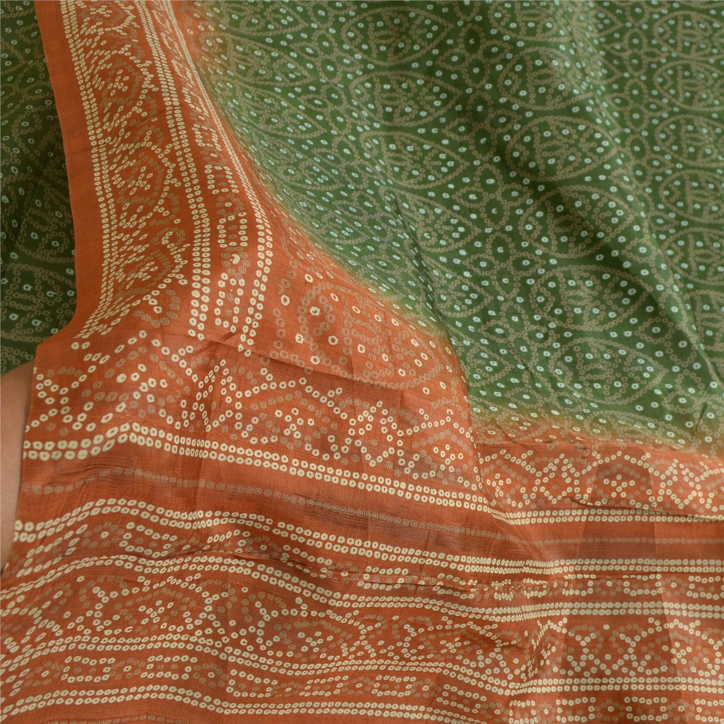 Sanskriti Vintage Sarees Green/Brown Bandhani Print Pure Silk Sari Craft Sustainable Fabric