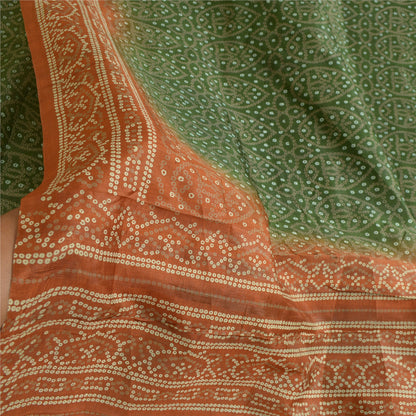 Sanskriti Vintage Sarees Green/Brown Bandhani Print Pure Silk Sari Craft Sustainable Fabric