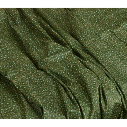 Sanskriti Vintage Sarees Green/Brown Bandhani Print Pure Silk Sari Craft Sustainable Fabric