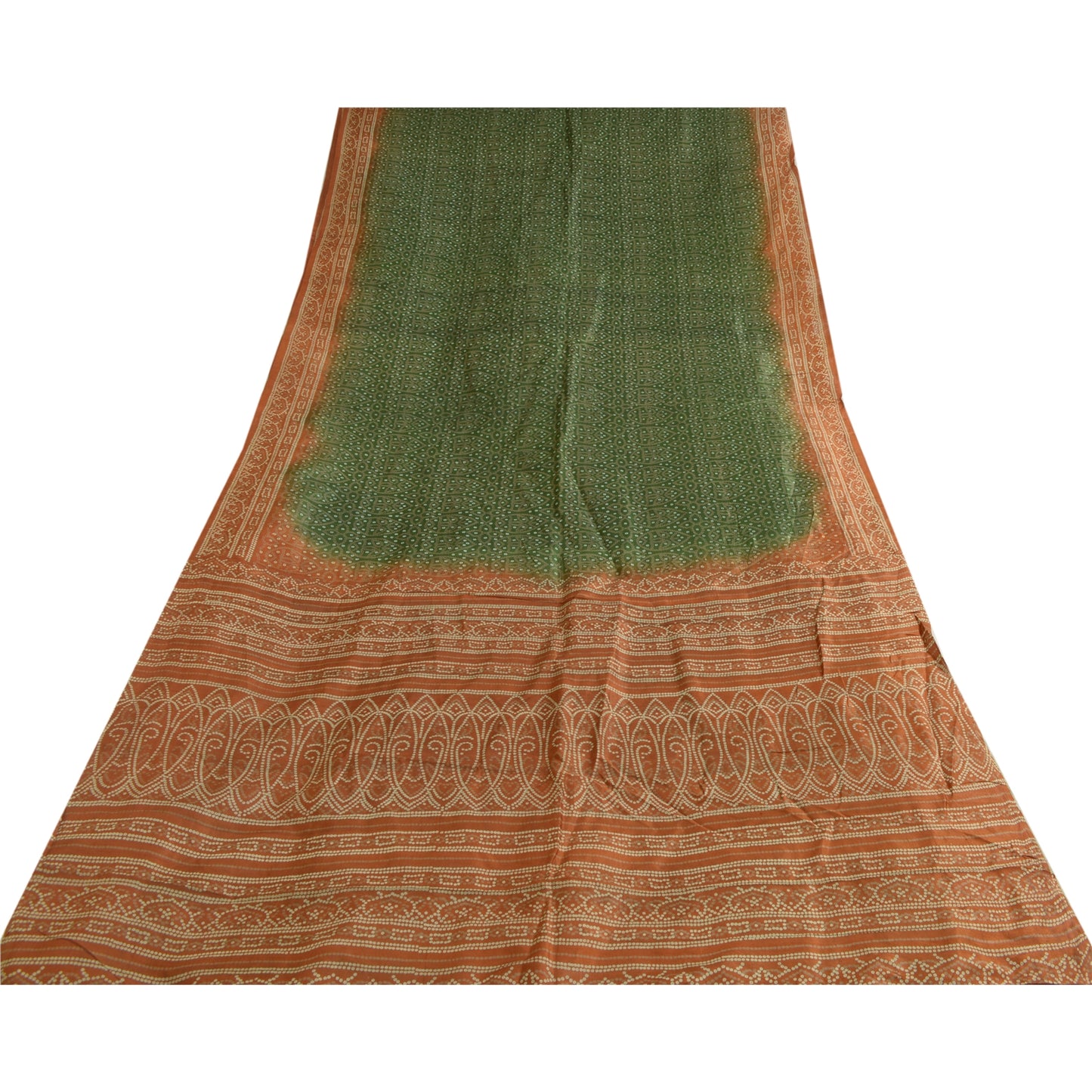 Sanskriti Vintage Sarees Green/Brown Bandhani Print Pure Silk Sari Craft Sustainable Fabric