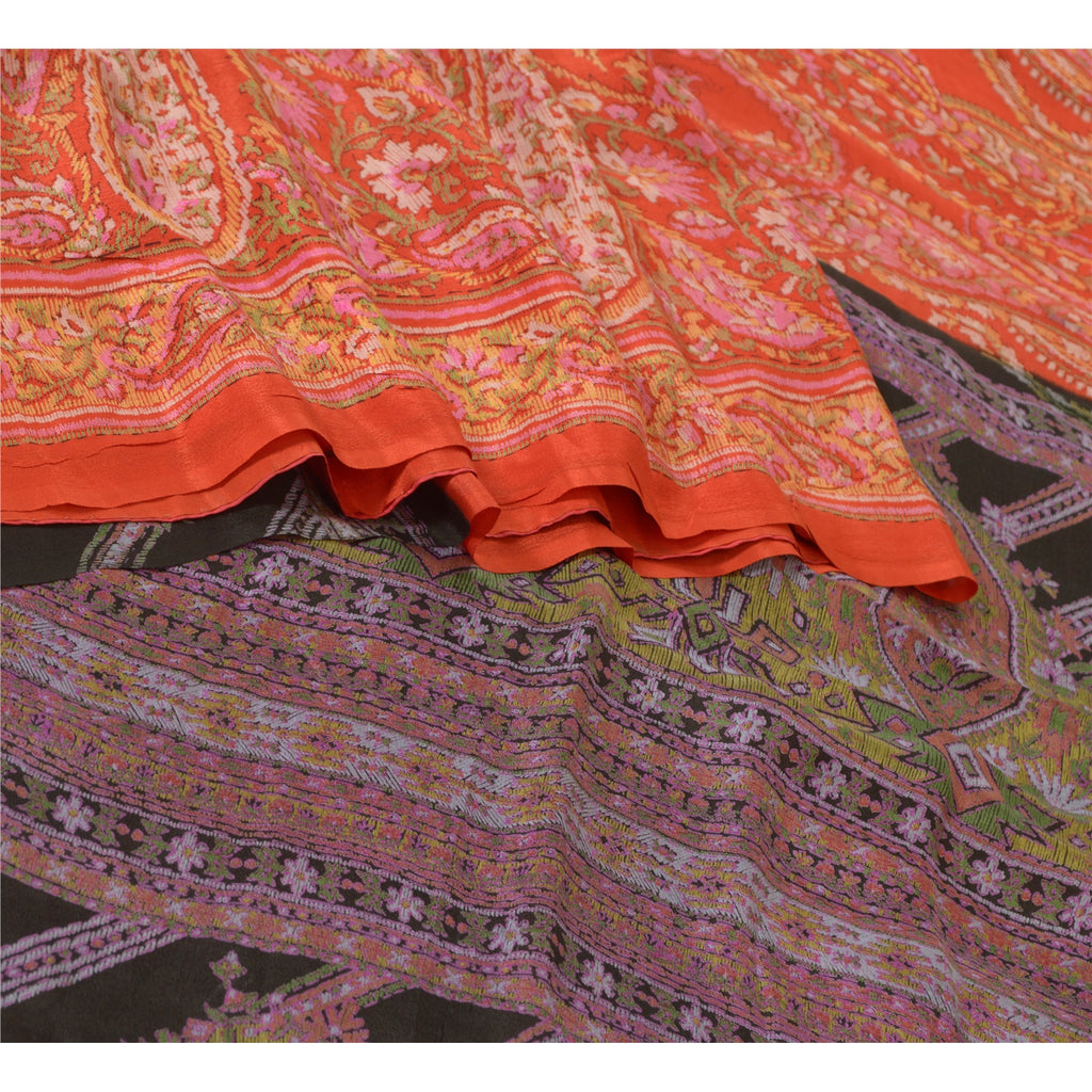 Sanskriti Vintage Sarees Indian Orange Printed 100% Pure Silk Sari Craft Sustainable Fabric